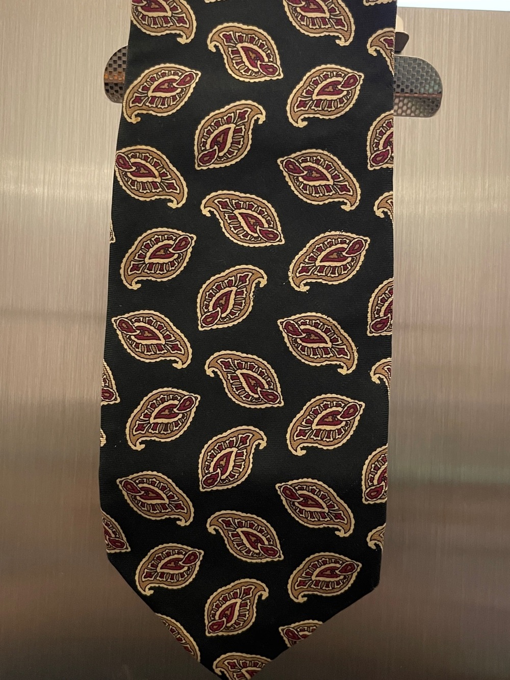 J Alan Sacks Ltd Classic Black Paisley Silk Tie with Burgundy and Gold Accents